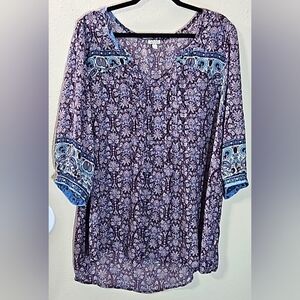 Eyeshadow Multicolor Studded 3/4 Sleeves V-Neck Sheer High-Low Tunic Size 1X